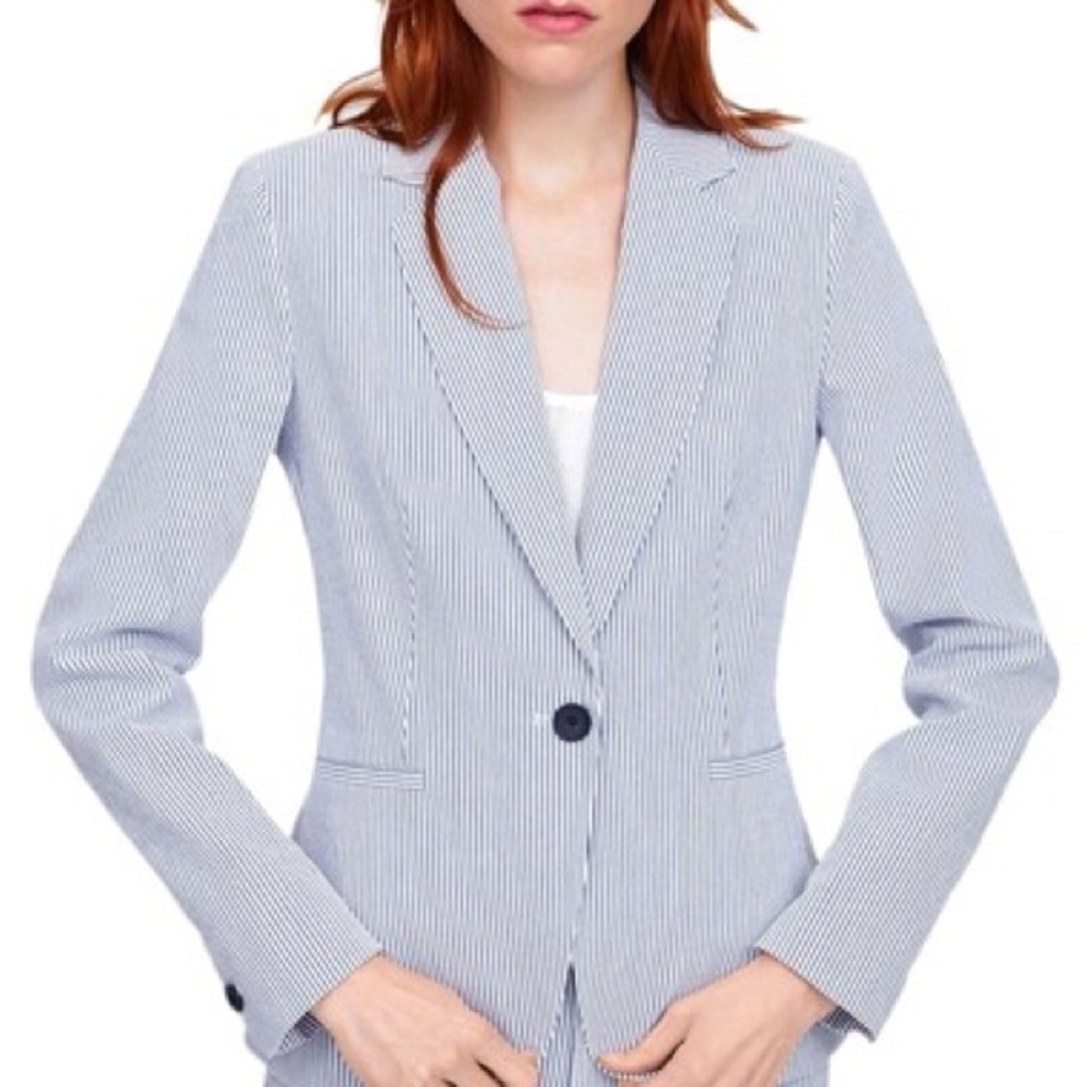 Zara Sear-sucker Blue Striped Single Button Blazer New With out Tags